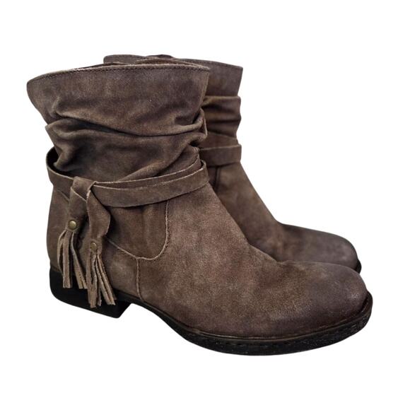BORN Ouvea Brown Suede Leather Sz 11 Braided Strap Ankle Boots Slouch - Picture 1 of 10